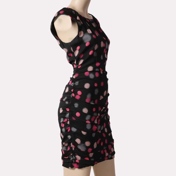 DIANE VON FURSTENBERG Black with Pink Polka Dot Sleeveless Silk Mini Dress - Picture 2 of 6